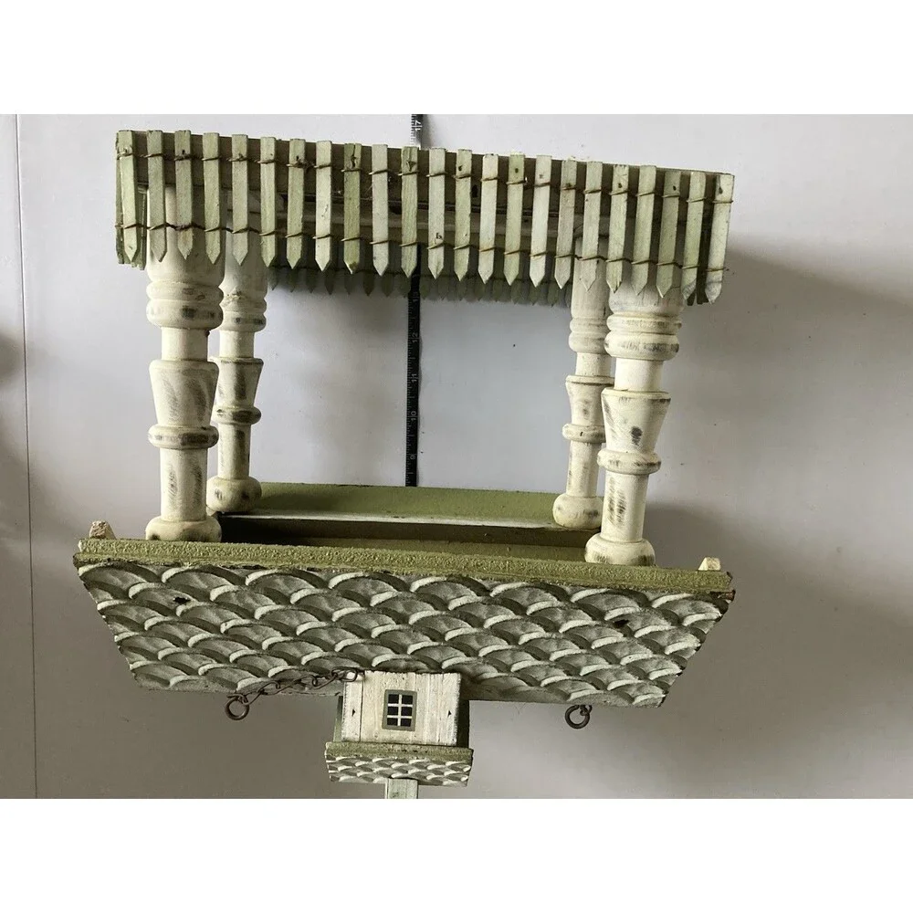 Rustic Birdhouse Tower Farmhouse Fenced Sage Cream Good Condition Wood